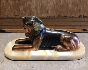 Vintage Metal Egyptian Statue with Onyx Base, Egypt Decor / vintage Egypt paperweights / sphinx figure