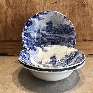 3 Vintage Ridgway Hayride Ironstone Suppenschüsseln blau und weiß, Staffordshire, hergestellt in England