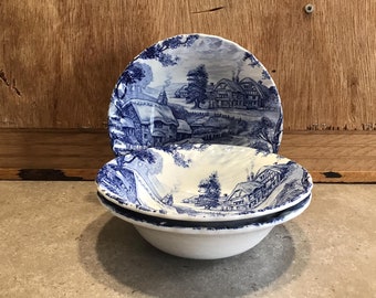 3 Vintage Ridgway Hayride Ironstone Soup Bowls Blue and White, Staffordshire, Made in England