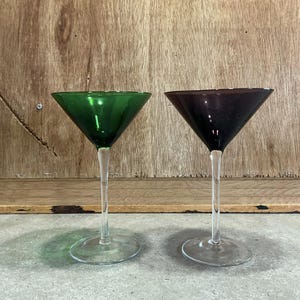 2 Vintage Deco Martini Glasses, Green and Purple, set of 2 glasses ~ Abstract Modern drinkware - vintage home decor