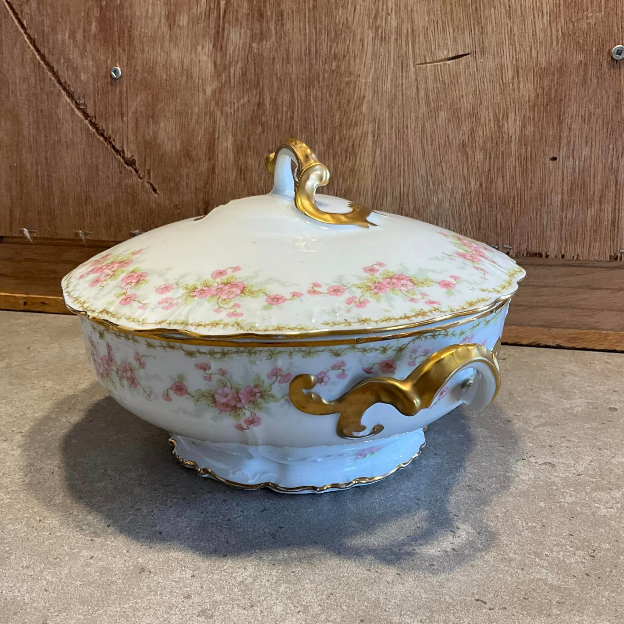 Antique Elite Works Limoges France Covered Vegetable Dish, Gold