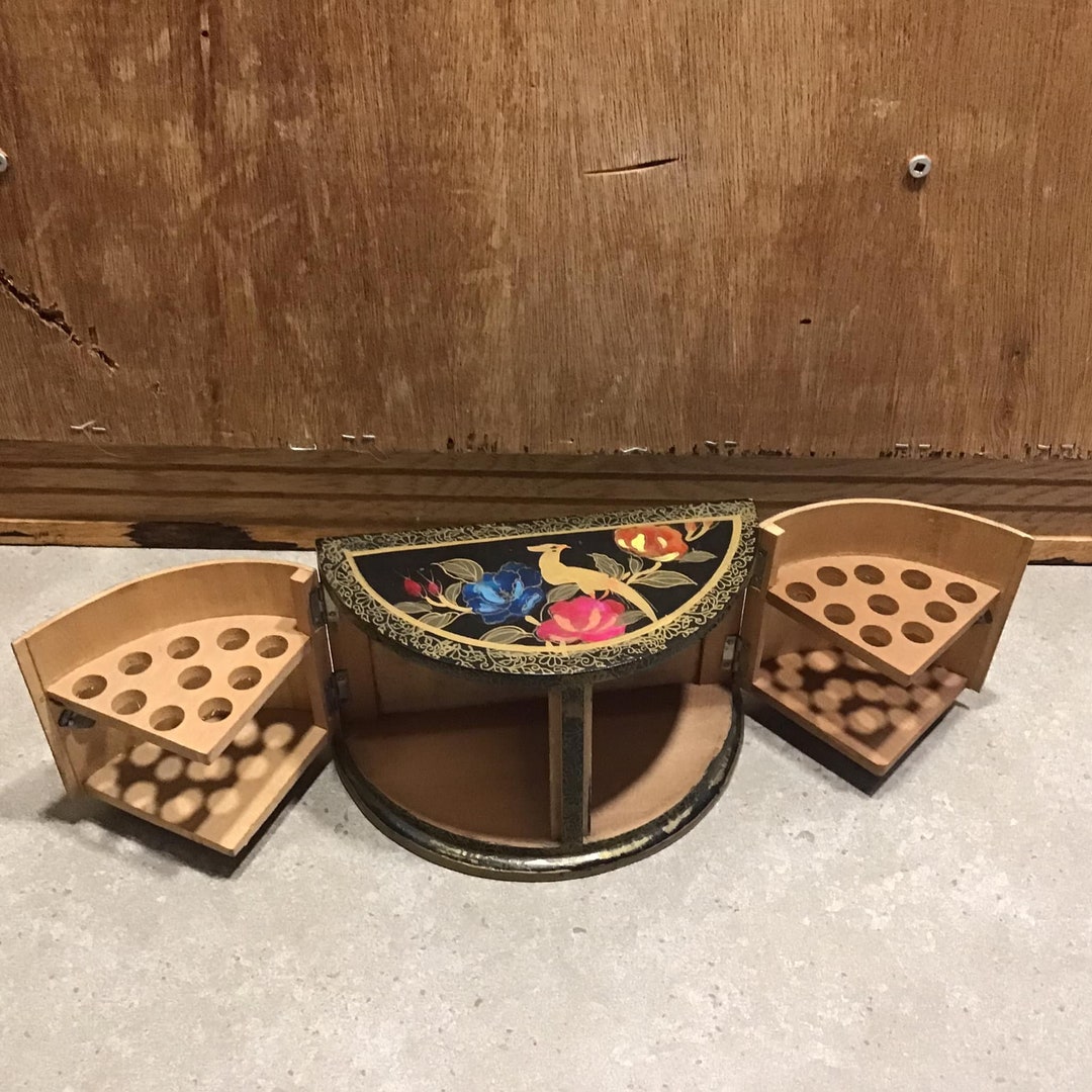 Vintage or Antique Black Wooden Box With Birds and Flowers Made in