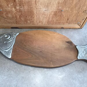 Vintage Fish Cutting Board: Wood and Metal Serving Display