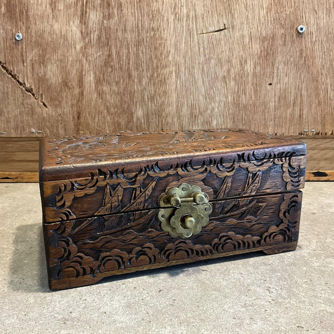 Old Vintage Empty Wood Box With Ships, Handcrafted Wooden Box, Vintage ...