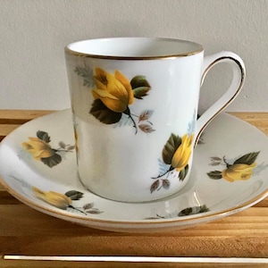 Vintage Royal Grafton Yellow Rose buds Demitasse Cup & Saucer Fine Bone China England
