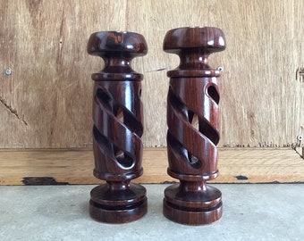 Dark Wood Barley Twist Twisted Taper Candlesticks Pair 11" Boho Set 2