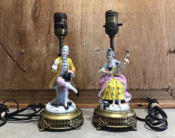 2 Vintage Porcelain Figurines Boudoir Lamps Pair, Figural Bedroom Lamps, Brass base Lady Man Figurine Lamps, Collectible Victorian style