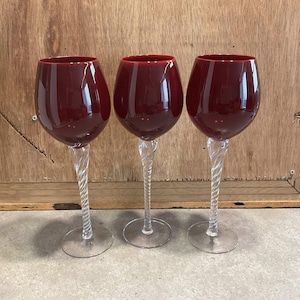3 Extra Tall Hand Blown Ruby Red Wine Glasses with ribboned stem, Crystal Twisted Stem Ruby Red Stemware, Blown Glass, Vintage Wine Goblets
