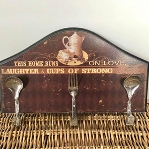Wall Hanging Wood with Metal Hooks Spoon and Fork Kitchen Wall Decor
