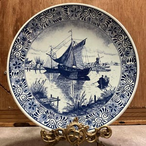Vintage Chemkefa Delfts Blauw Wall Plate - Made in Holland - Blue and White Dutch Pottery -Scene with Ships and Windmill - 11.8"