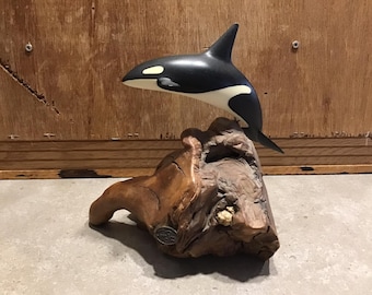 John Perry Sculpture Statue Decor Art, Orca Killer Whale Sculpture Figurine on wood base