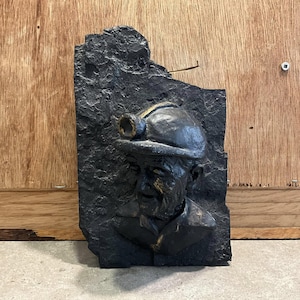 Miner Face in Coal Shelf Plaque, Ornament, Made with Coal, Gift for anyone who appreciates fine art.