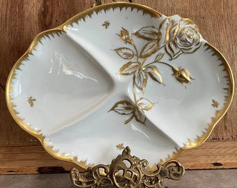 Vintage Birks Hand-Painted Porcelain Divided Dish – Gold Rose Relief Mid-Century Serving Platter