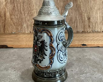 Vintage Austrian Beer Stein – Hand-Painted Ceramic Mug with Pewter Lid, Double-Headed Eagle