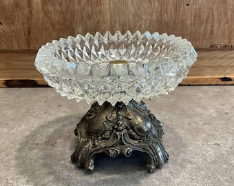 Old Vintage or Antique Glass Dish with Metal Pedestal Base