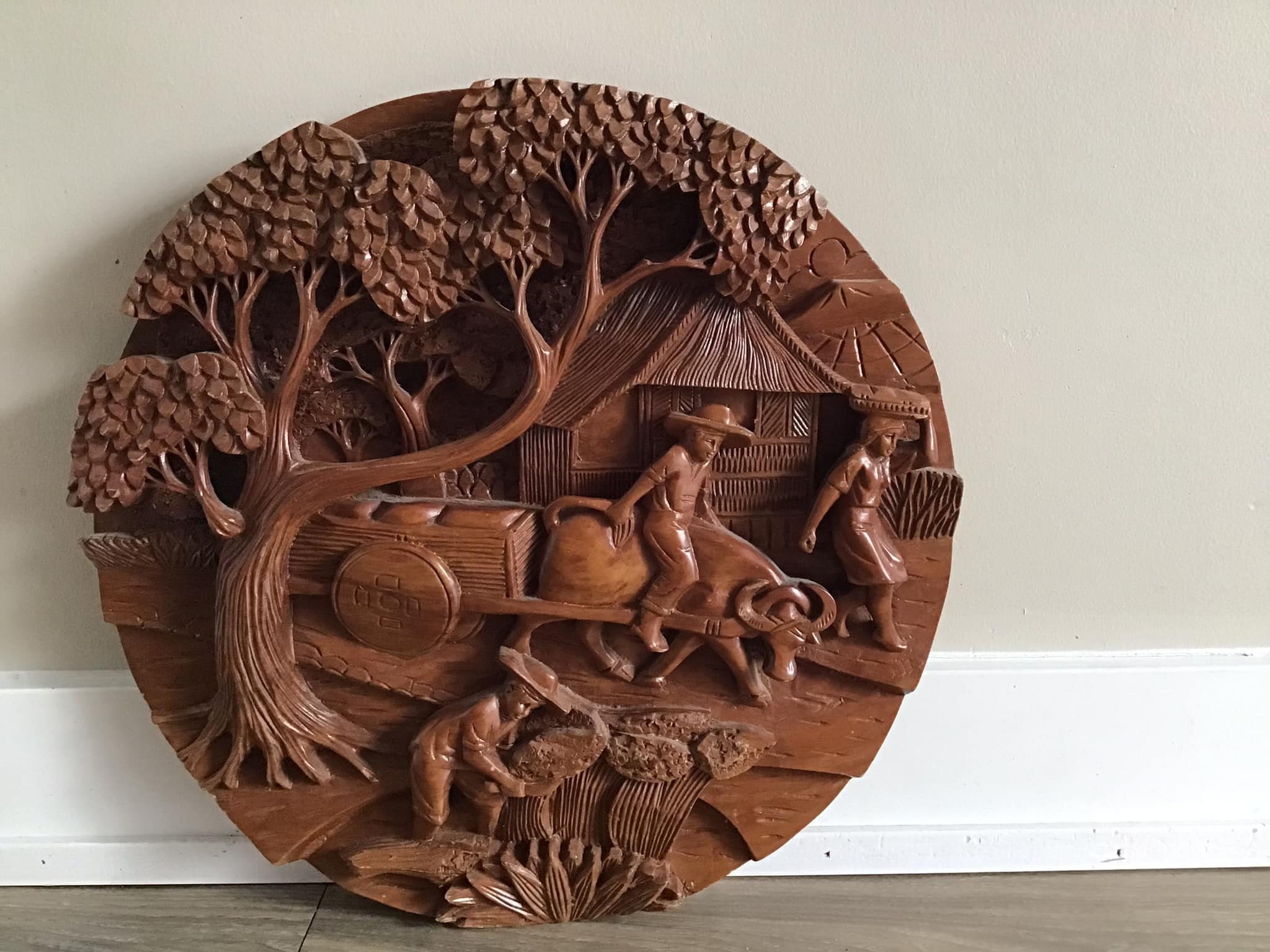 Vintage Hand Carved Wood Storyboard Plaque: Ethnic Wall Art (18" W)