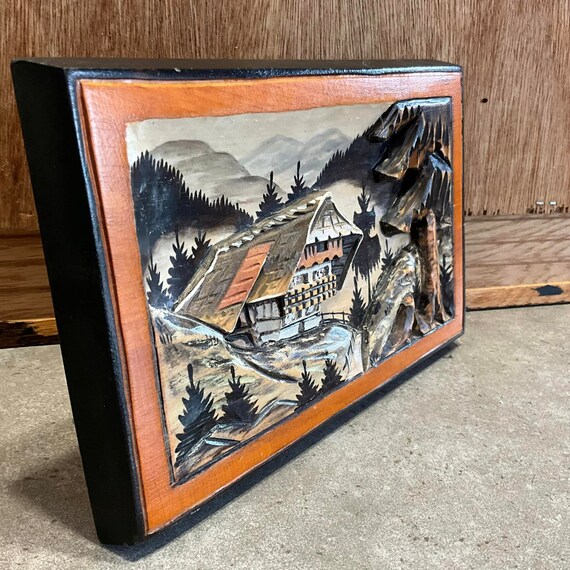 Vintage German 3D Carved Wood Black Forest Scenery Wall Plaque