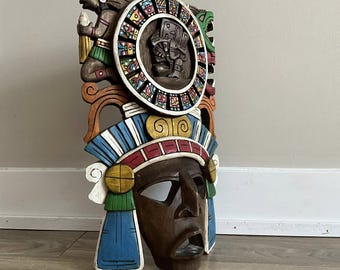 プレヒスパニックの木製マスク、マヤ文化、メキシコの壁画、手彫り