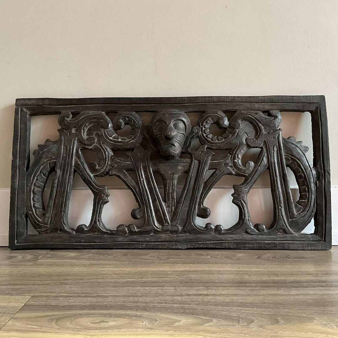 Gothic Filigree Carved Wood Panel Sculpture: Home Decor Art (25.5
