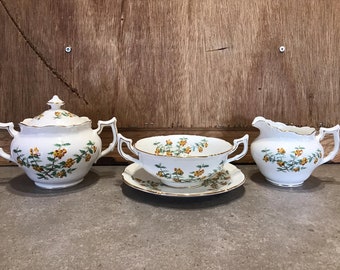 Vintage Cauldon Barberry By P. Granet Creamer with Sugar Bowl and Cream Soup With Saucer Made In England
