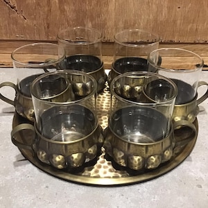 Vintage Schott Mainz Brass and glasses with Platter serving plate Venetian style 60s Table decoration Bar equipment Tea glasses