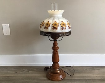 Vintage GWTW Style Floral Hurricane Table Lamp with Wood Base