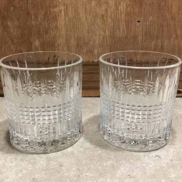 2 Whiskey Glasses, Square Cut Middle, Deep Wedge Cut Vertical Lines, Weighted Starburst Bottom, Home Barware, , Bar Cart
