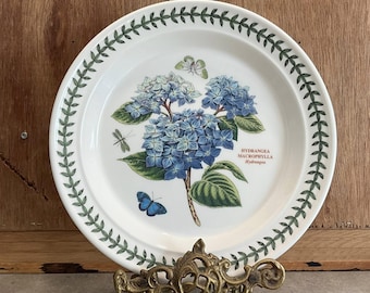 Plato llano Portmeirion Botanic Garden con diseño de hortensias: 26,7 cm (10,5 pulgadas), porcelana, fabricado en Inglaterra.