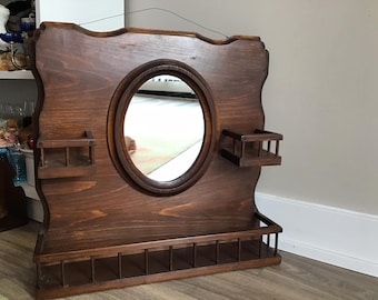 Antique Carved Wood Wall Mirror with Shelves