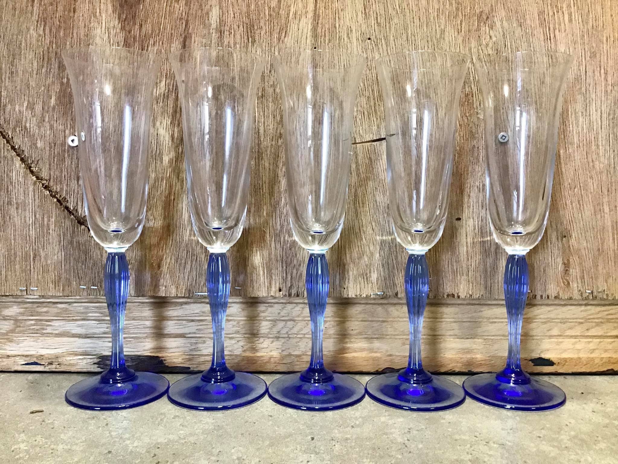 Vintage Wine Glasses Champagne Blue Flutes 5 Wine Tall Stems Etsy
