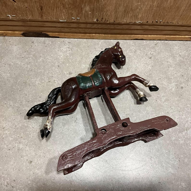 Vintage Cast Iron Spring Loaded Brown Rocking Horse , Small Metal Horse ...