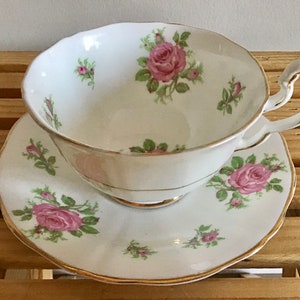 Vintage Adderley Tea cup and Saucer Set with gold trim and Pink Roses  - Tea set Made in England Floral Design