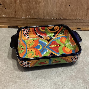 Mexico Bowl, Colorful, Folk Art with Floral Abstract Scene from Mexico Hand Painted in Bright Colors