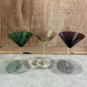 3 Vintage Deco Martini Glasses, Yellow, Green and Purple, set of 3 glasses ~ Abstract Modern drinkware - vintage home decor