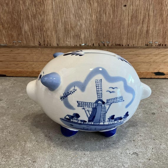 オランダ　貯金箱　置物 ヴィンテージオランダ磁器貯金箱：手描きの風車の装飾 - Etsy 日本