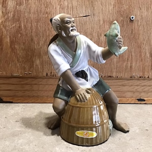 Vintage Shiwan Asian Chinese Figurine Fisherman with Fish and Basket