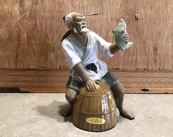 Vintage Shiwan asiatischen chinesischen Figur Fischer mit Fisch und Korb
