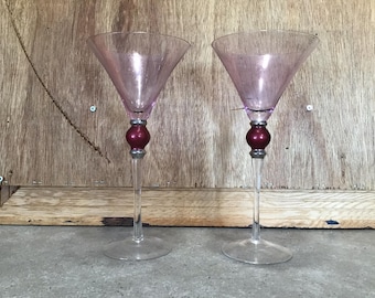 2 Pink Martini or Cocktail Glasses with Red Ball and Long Stem - Vintage Stemware - Retro Barware - Vintage Bar Glasses