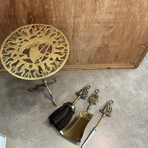 Vintage Brass Fireplace Tools Set with Ships Motif, Fire Accessories, Home decor, Fireside Companion Set, Brass Fireplace Tools with Stand