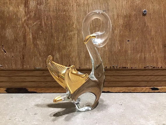 Vintage Murano Style Art Glass Clear Swan With Gold Wings - Etsy