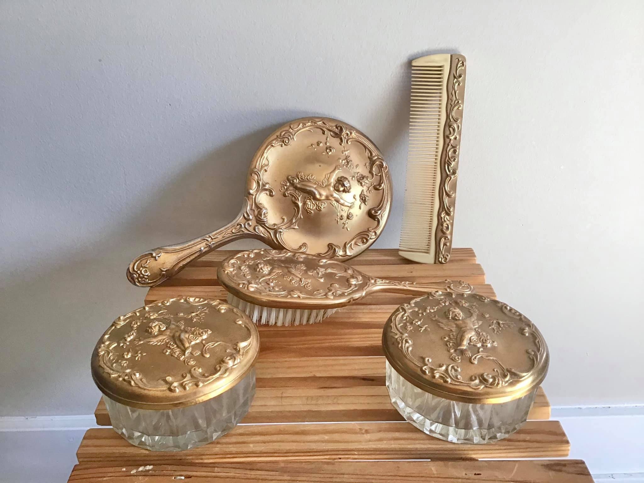 Vintage Cherub Vanity Set: Hand Mirror, Brush, Comb, Powder Boxes (Ca. 1940)