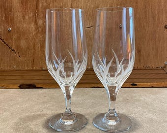Vintage Royal Doulton Crystal Champagne Flutes – Pair of 2 Symphony Pattern Toasting Glasses – Signed, British Lead Crystal Wedding Flutes
