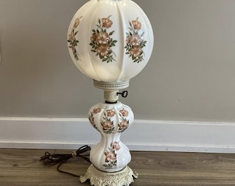 Vintage Milk Glass Floral Hurricane Lamp, Globe Shade, Gone With the Wind Style