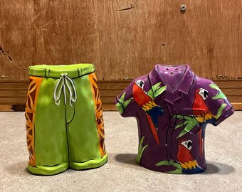 Vintage Art Salt and Pepper Shakers - Hawaiian Shirt Board Shorts Condiment Set - Tropical Parrot Beach Luau C.A. Ceramic Decor