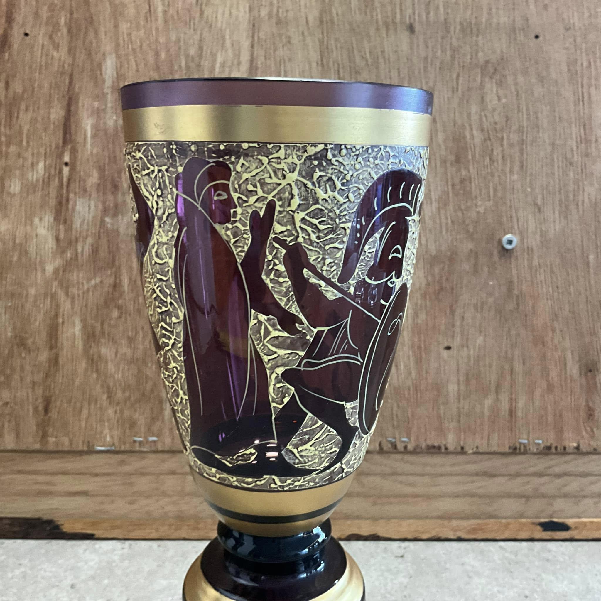 ヴィンテージギリシャデザインの花瓶：24Kゴールドアメジストガラス