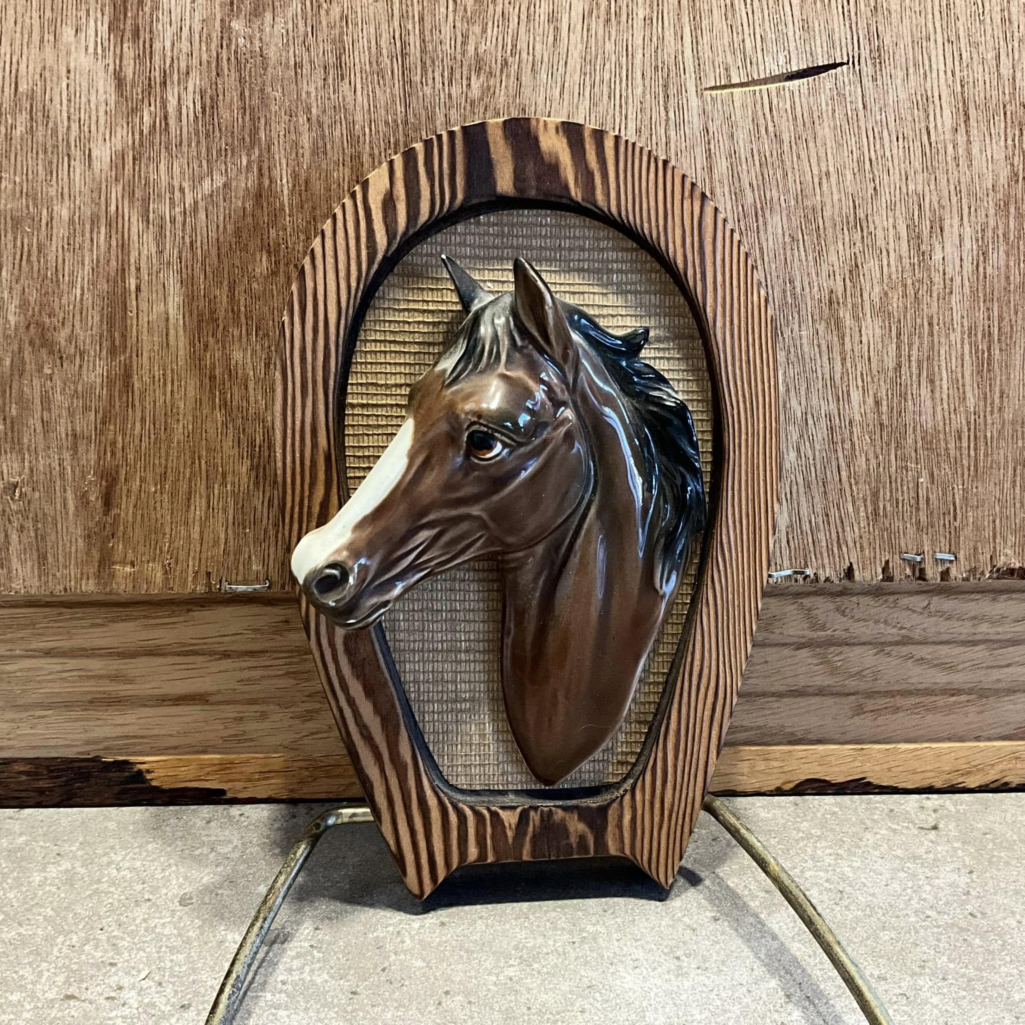 Vintage Ceramic Horse Head, Wood Horseshoe Frame, 3D Wall Plaque