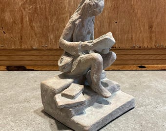 Vintage 1971 Austin Productions Girl Reading Statue - Authentic Durastone Reading Girl on Steps - Signed Austin Prod Inc Library Bookend