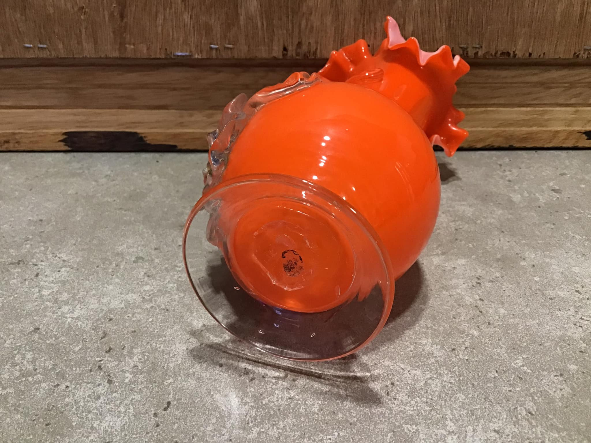 ヴィンテージアートガラス花瓶 オレンジ フリル イタリア ムラーノ