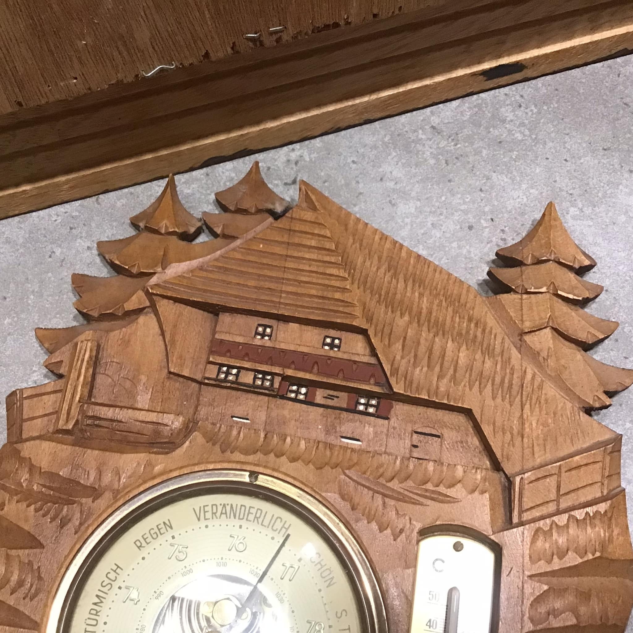 Vintage German Carved Wood Barometer Thermometer: Weather Station