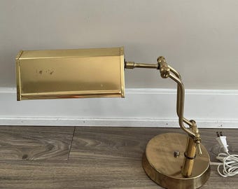 Vintage Brass Swing Arm Desk Lamp, Adjustable Piano or Bankers Task Light, Mid Century Modern Office Decor, Rectangular Shield Lamp